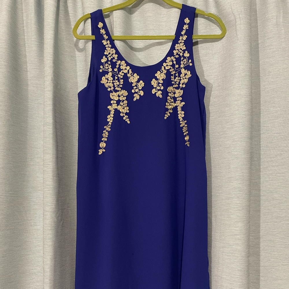 Purple tank dress with gold appliqué detail